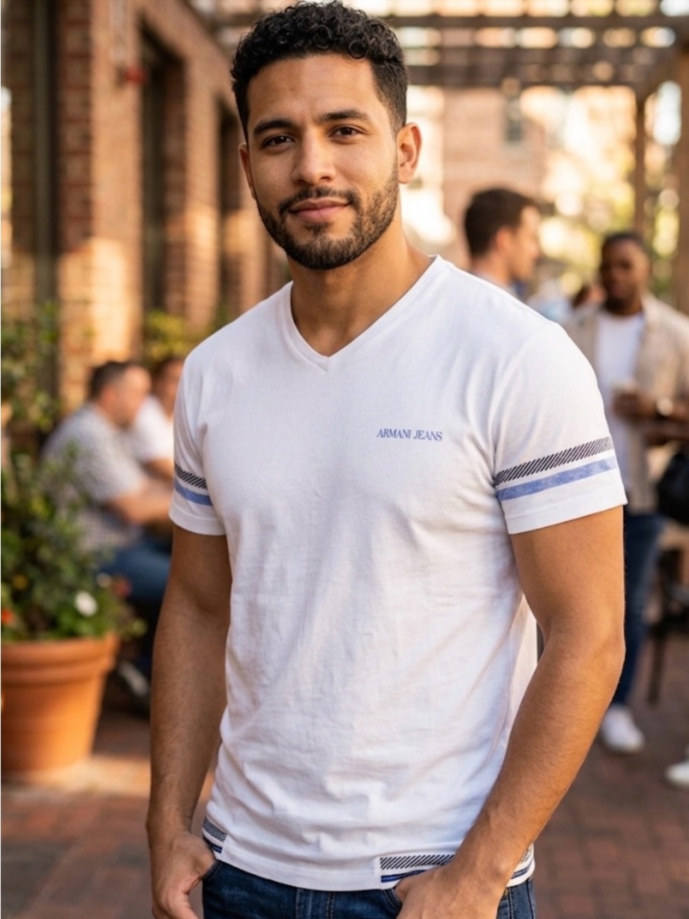 Armani Jeans White V-Neck Tee with Blue Sleeve Stripes